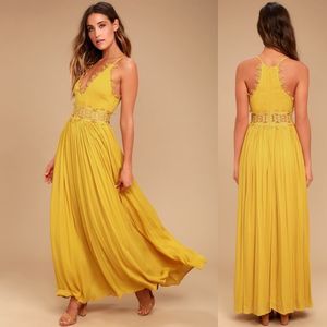 Lulu’s This is Love Mustard Yellow Lace Maxi Dress XS